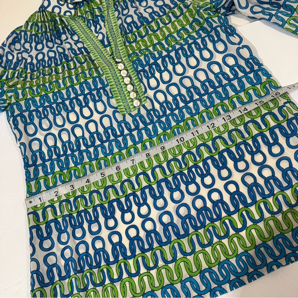 Trina Turk Blue & Green Chain-Print Long-Sleeve Silk Blouse Small - Picture 6 of 9